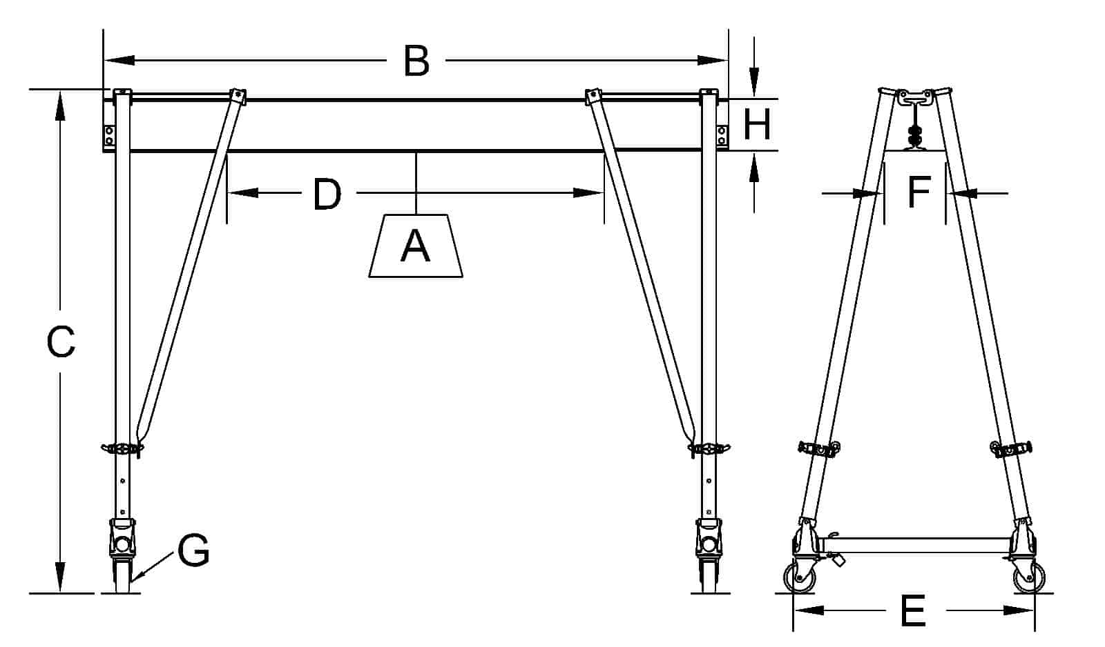 Tri-Adjustable Aluminum Round Tube Gantry Crane Dimensional Sketch | Wallace Cranes