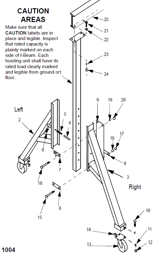 Round-Tube Tri-Adjustable Caster Frame Assembly Parts Location Diagram | Wallace Cranes