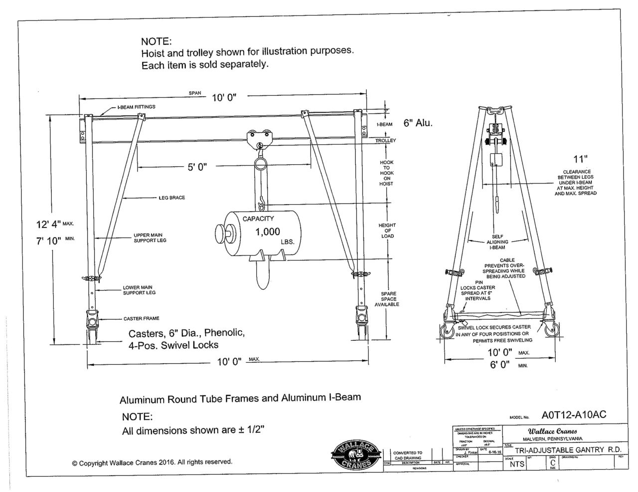 Tri-Adjustable 1/2-Ton Aluminum Gantry Crane Dimensional Drawing (A0T12-A10AC) | Wallace Cranes