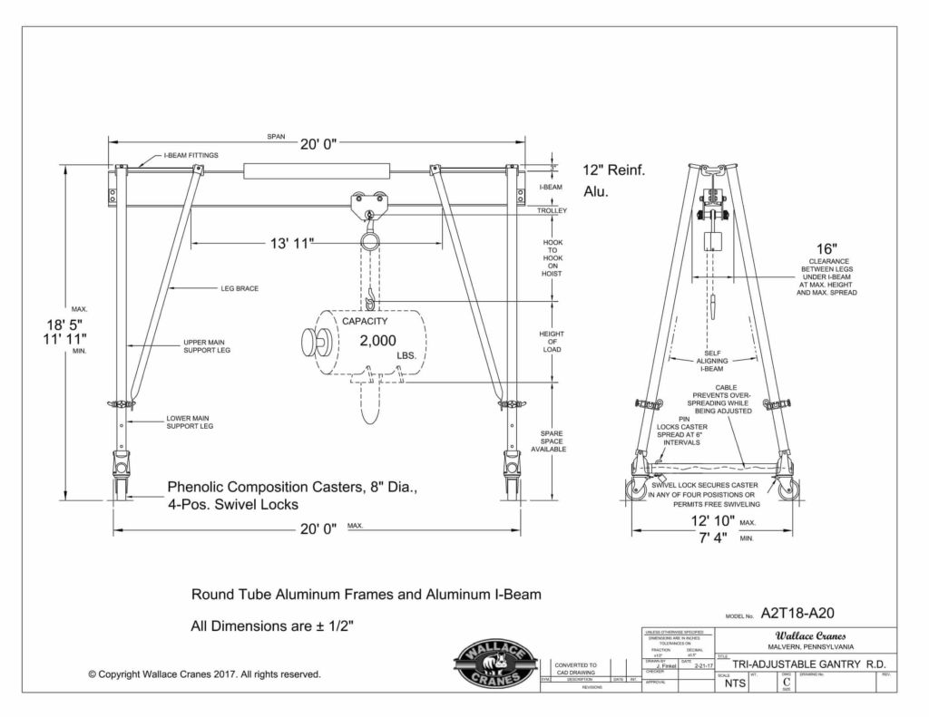 Aluminum Tri-Adjustable 1-Ton Gantry Crane, 11ft 11in – 18ft 5in Ht, 20ft Span (A2T18-A20) | www.wallacecranes.com