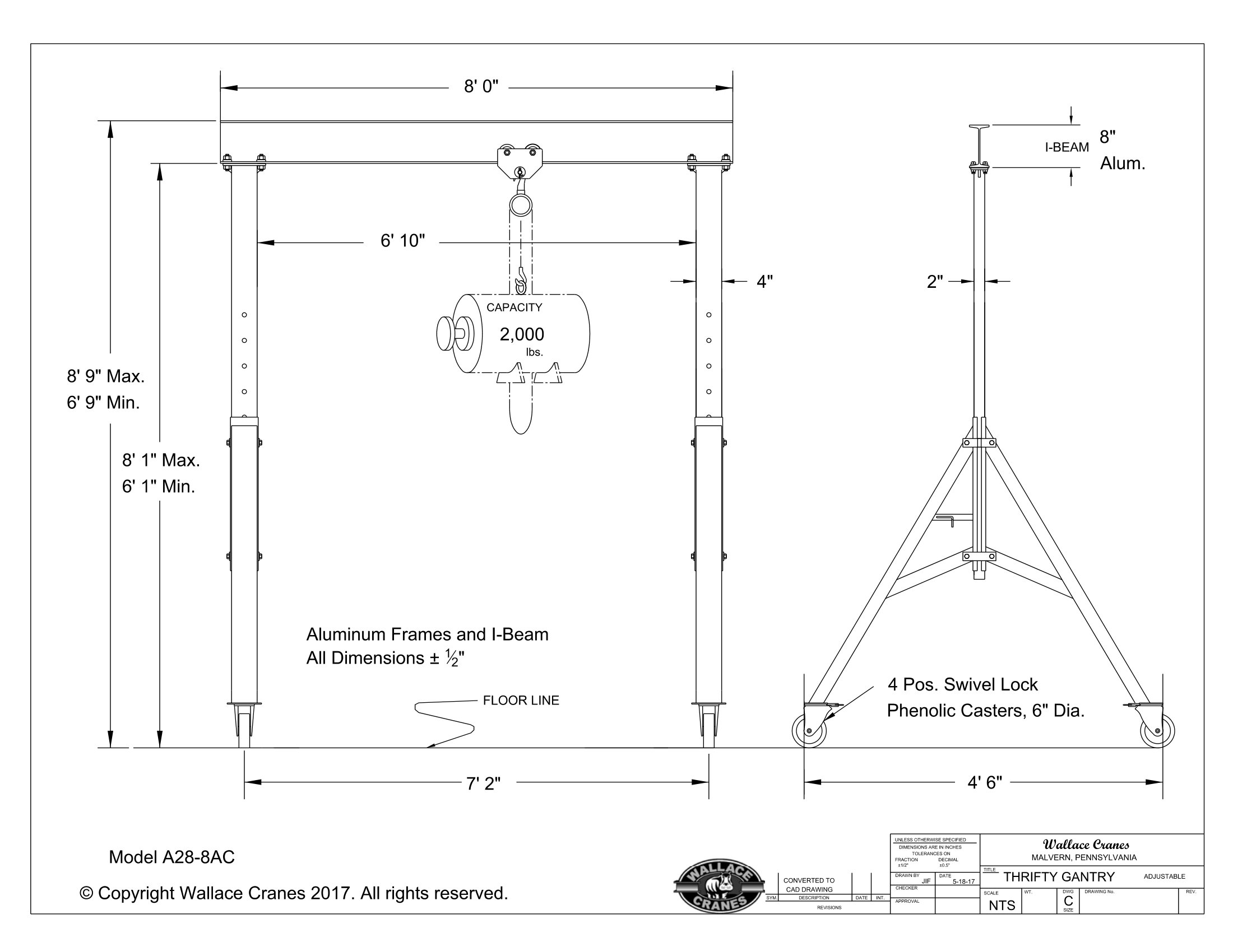 Thrifty Aluminum Adjustable-Height Gantry Crane Model A28-8AC | Wallace Cranes Dimensional Diagram 