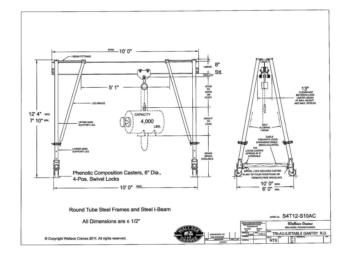 Wallace Tri-Adjustable Steel 2-Ton Gantry Crane 10' Span, 6′ 7″ – 9′ 9″ High (S4T10-S10AC) Dimensional Diagram 