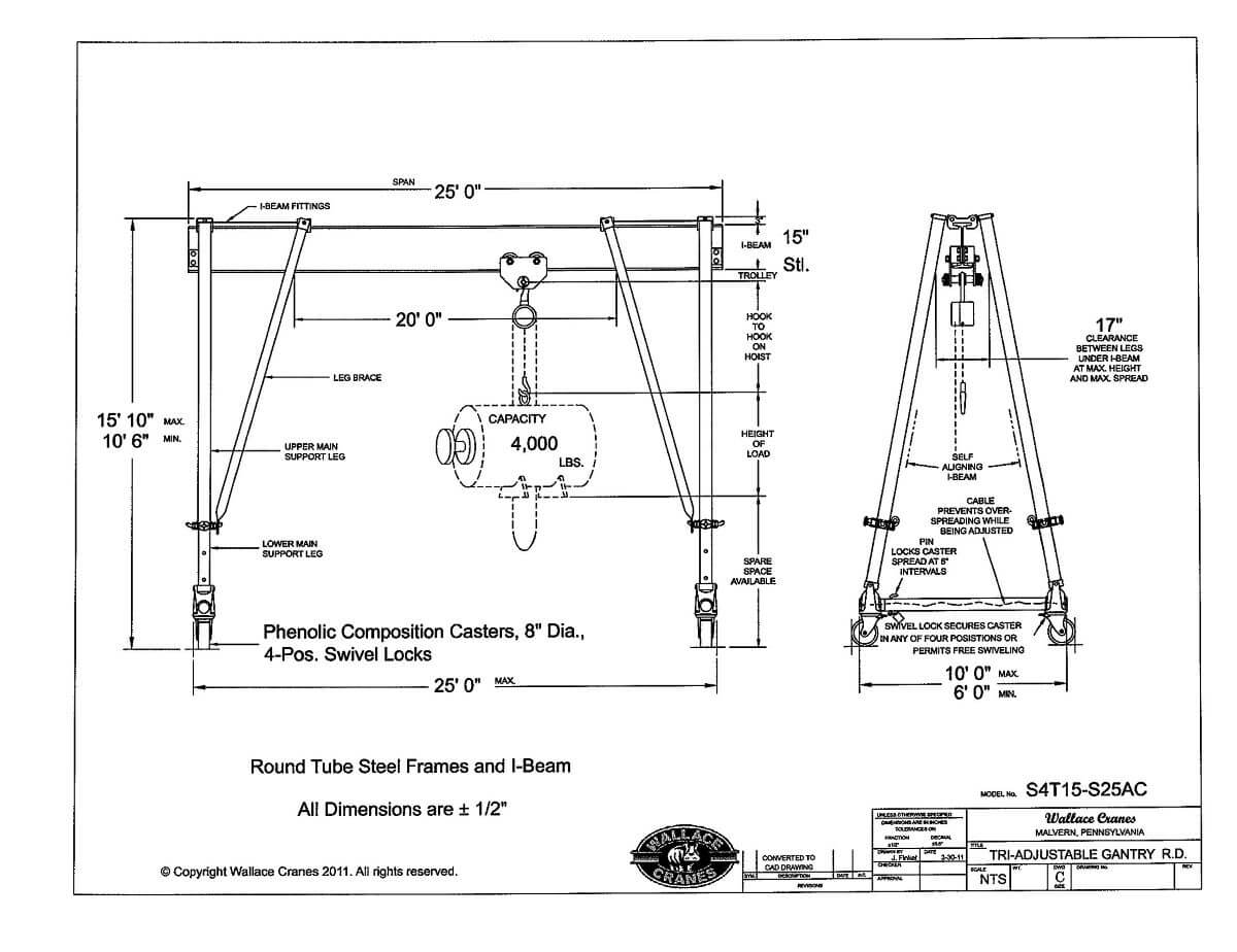 Wallace Tri-Adjustable Steel 2-Ton Gantry Crane 25' Span 10'6"-15'10" Ht (S4T15-S25AC) Dimensional Diagram
