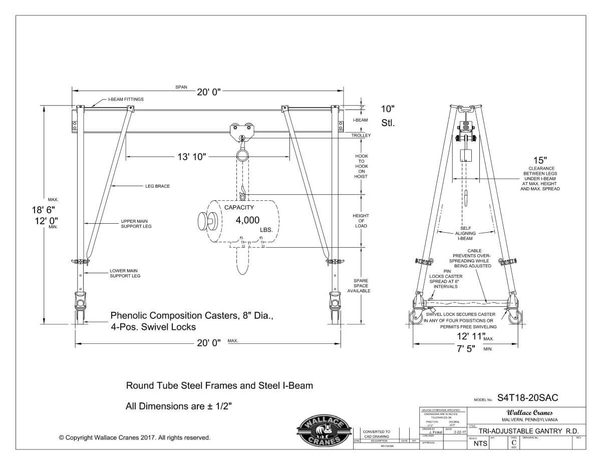 Wallace Tri-Adjustable Steel 2-Ton Gantry Crane 20' Span 12'0"-18'7" Ht (S4T18-20SAC) Dimensional Drawing