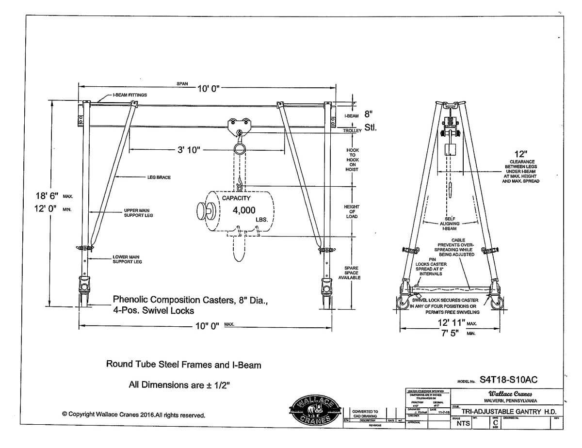 Wallace Tri-Adjustable Steel 2-Ton Gantry Crane 10' Span, 12′ 0″ – 18′ 7″ High (S4T18-S10AC) Dimensional Diagram