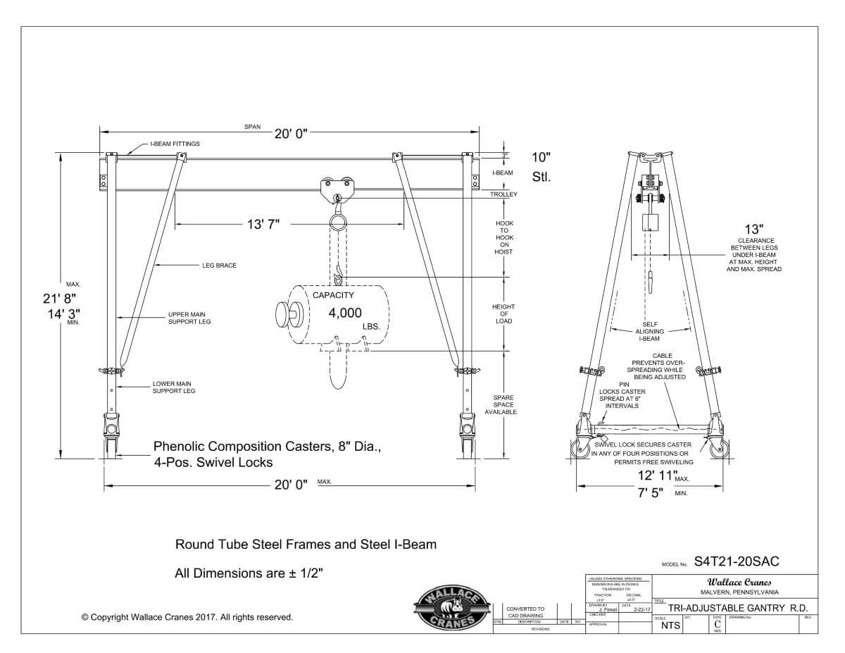 Wallace Tri-Adjustable Steel 2-Ton Gantry Crane 20' Span 14'3"-21'8" Ht (S4T21-20SAC) Dimensional Diagram