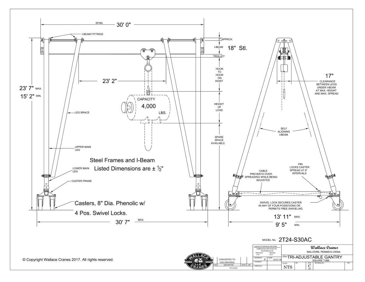 Wallace Tri-Adjustable Steel 2-Ton Gantry Crane 30' Span 15'2"-23'7" Ht (2T24-S30AC) Dimensional Diagram