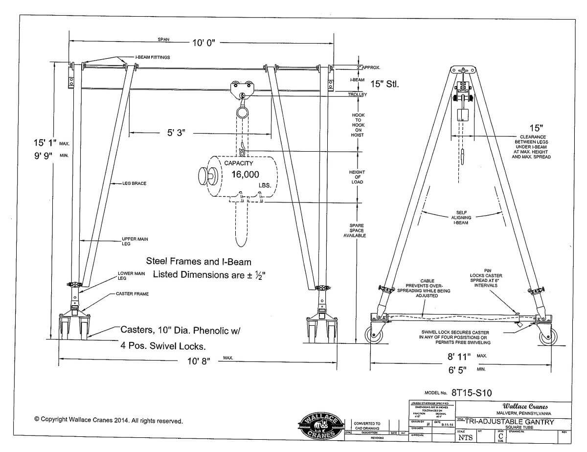 Wallace Steel Tri-Adjustable 8-Ton Gantry Crane, 7ft 3in – 10ft 11in Ht, 10ft Span (8T10-S10) Dimensional Drawing