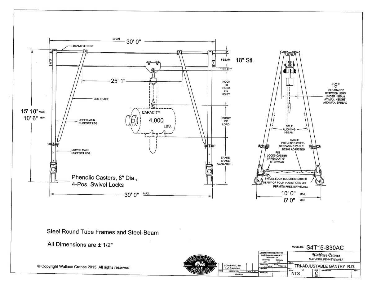Wallace Tri-Adjustable Steel 2-Ton Gantry Crane 30' Span 10'6"-15'10" Ht (S4T15-S30AC) Dimensional Diagram