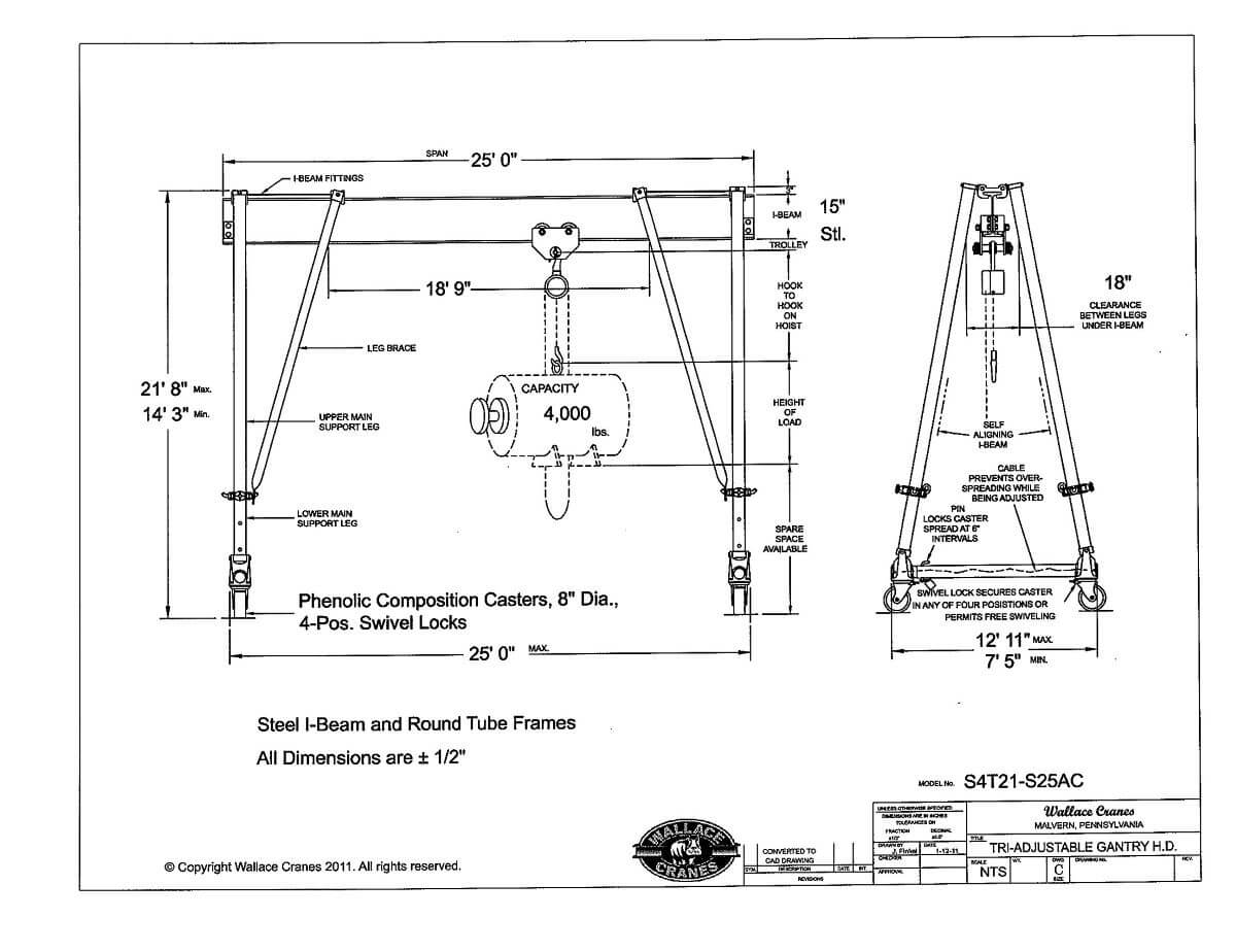Tri-Adjustable Steel 2-Ton Gantry Crane 25' Span 14'3"-21'8" Ht (S4T21-S25AC) Dimensional Diagram