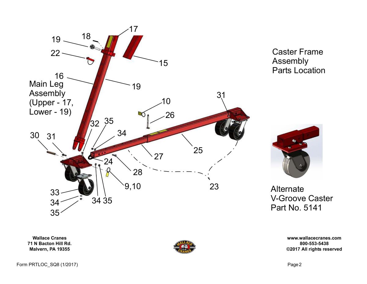Square-Tube Tri-Adjustable Caster Frame Assembly Parts Location Diagram | Wallace Cranes