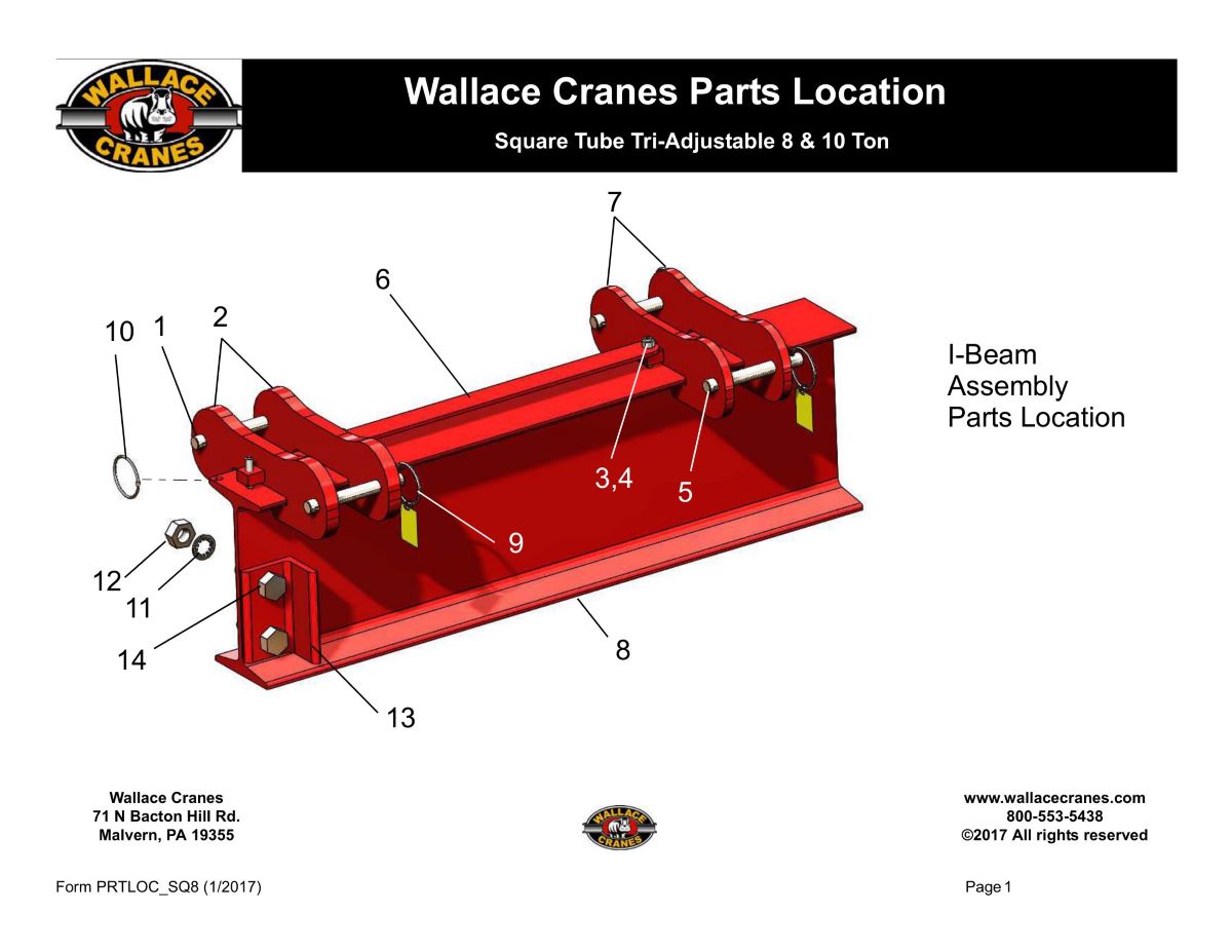 Square-Tube Tri-Adjustable I-Beam Assembly Parts Location Diagram | Wallace Cranes