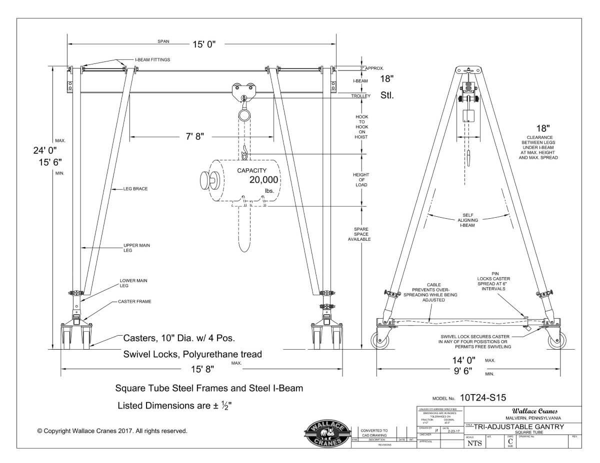 Tri-Adjustable Steel 10-Ton Gantry Crane 15' Span 15'6"-24'0" Ht (10T24-S15) Dimensional Drawing | Wallace Cranes