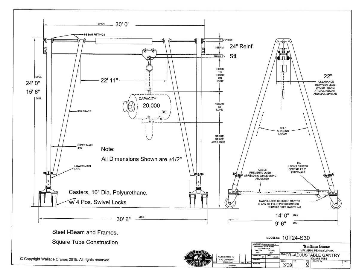 Tri-Adjustable Steel 10-Ton Gantry Crane 30' Span 15'6"-24'0" Ht (10T24-S30) Dimensional Drawing | Wallace Cranes
