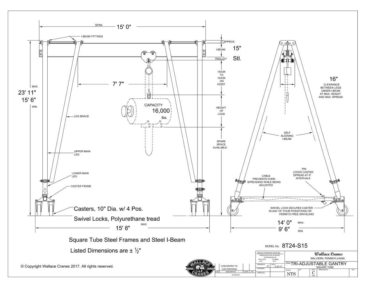 Tri-Adjustable Steel 8-Ton Gantry Crane 15' Span 15'6"-23'11" Ht (8T24-S15) | Dimensional Drawing