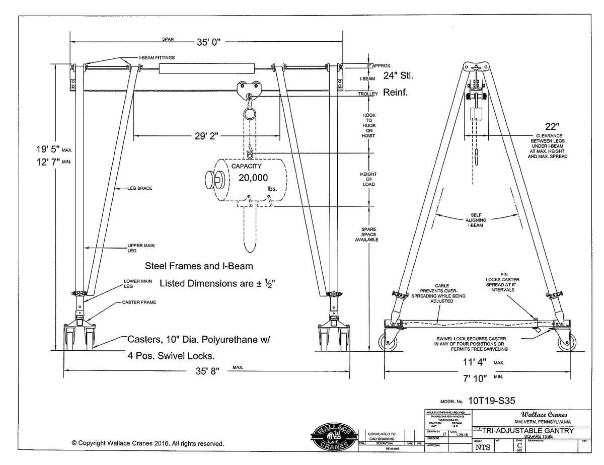 Tri-Adjustable Steel 10-Ton Gantry Crane 35' Span 12'7"-19'5" Ht (10T19-S35) Dimensional Drawing | Wallace Cranes
