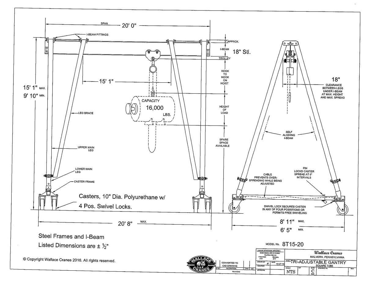 Tri-Adjustable Steel 8-Ton Gantry Crane 20' Span 9'10"-15'1" Ht (8T15-20) Dimensional Drawing | Wallace Cranes