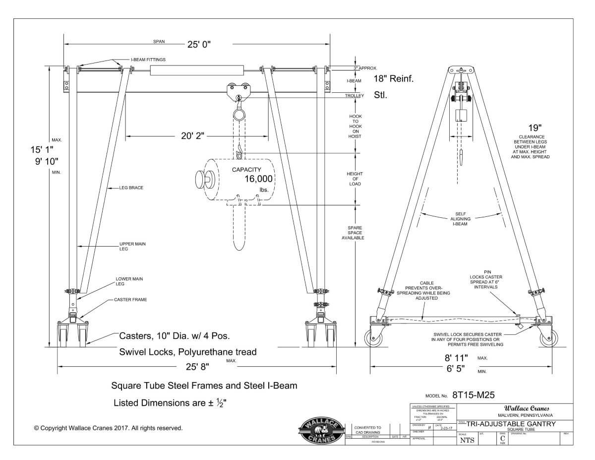 Tri-Adjustable Steel 8-Ton Gantry Crane 25' Span 9'10"-15'1" Ht (8T15-M25) Dimensional Drawing | Wallace Cranes