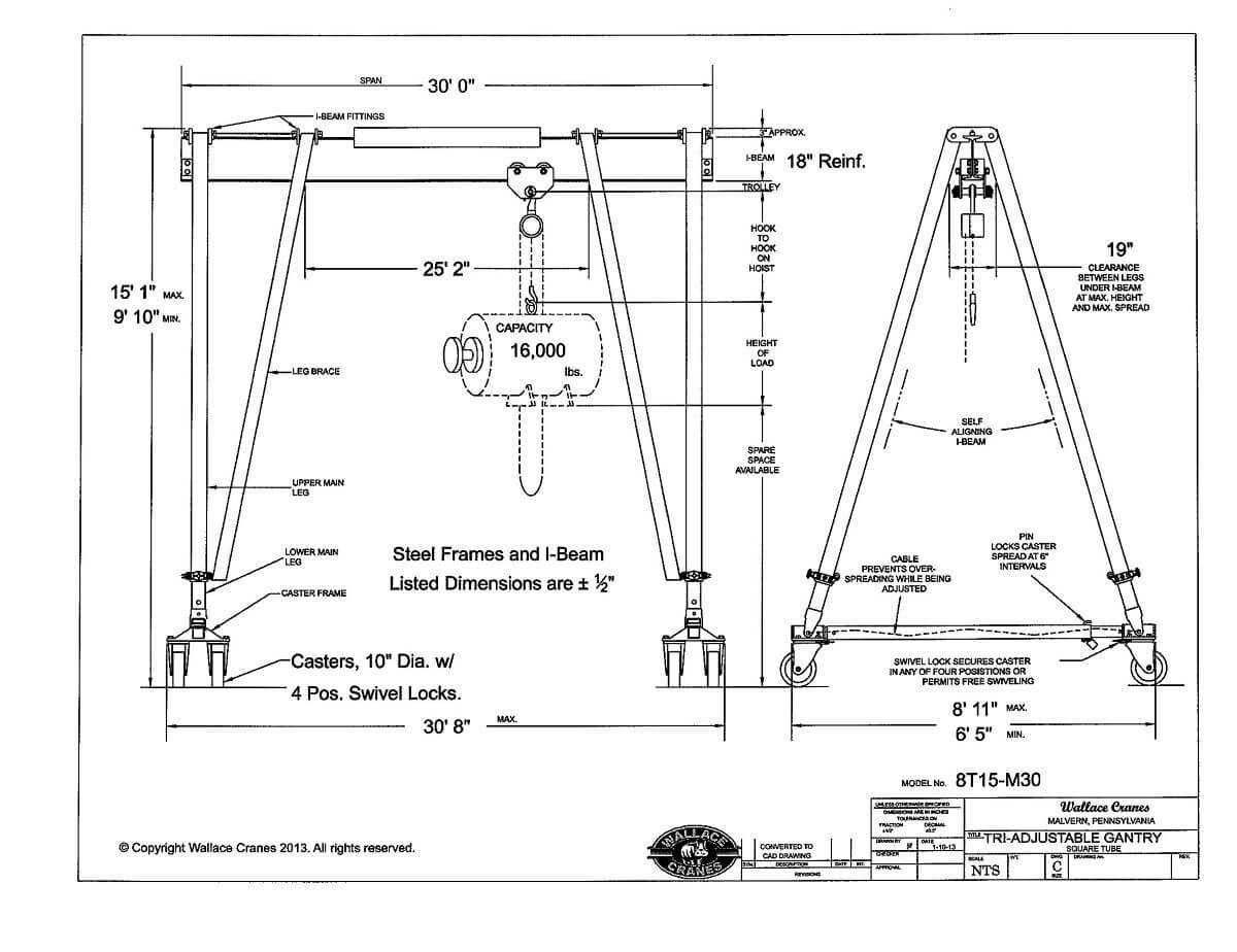 Tri-Adjustable Steel 8-Ton Gantry Crane 30' Span 9'10"-15'1" Ht (8T15-M30) Dimensional Drawing | Wallace Cranes