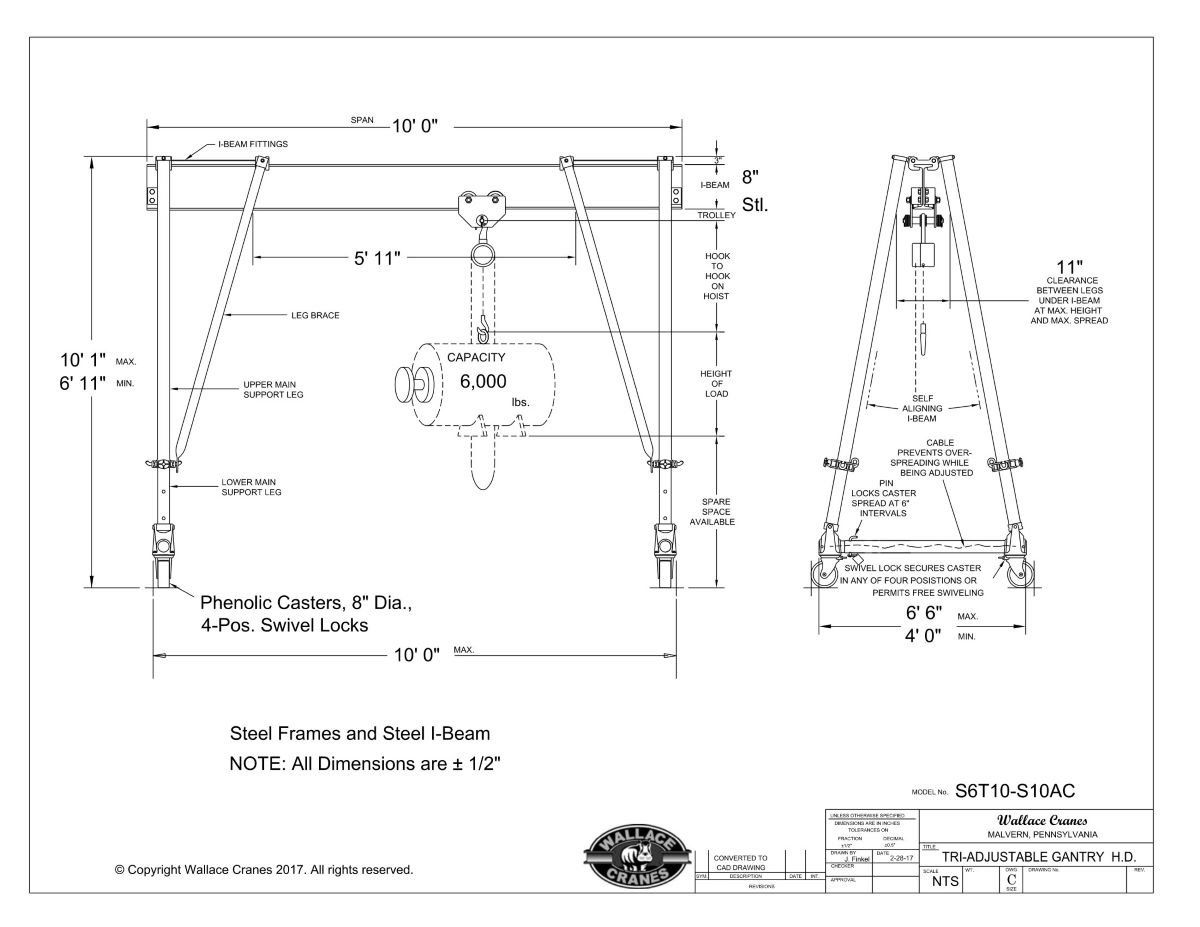 Wallace Tri-Adjustable Steel 3-Ton Gantry Crane, 10' Span, 6′ 11″ – 10′ 1″ High (S6T10-S10AC) Dimensional Drawing