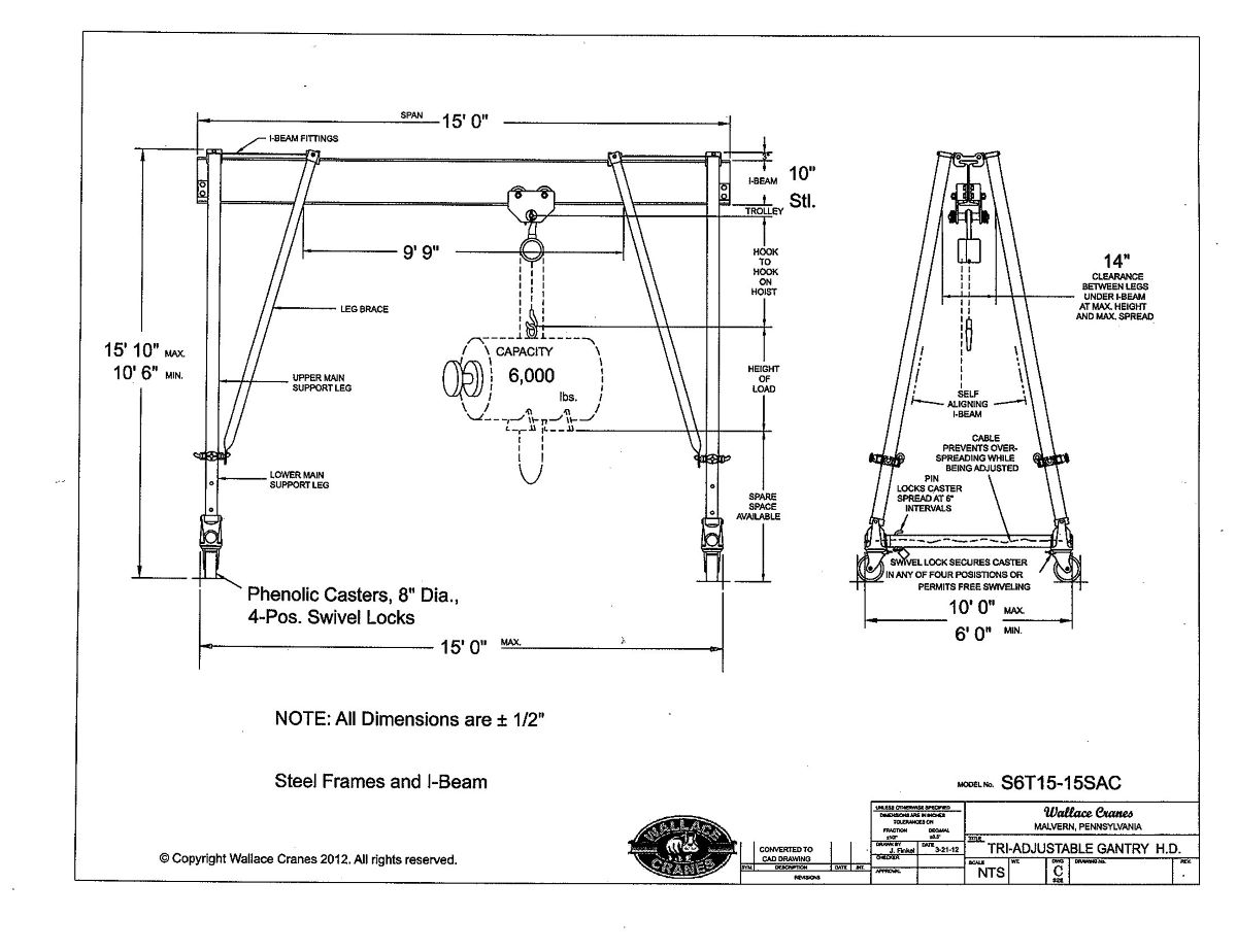 Wallace Tri-Adjustable Steel 3-Ton Gantry Crane, 15' Span, 10′ 6″ – 15′ 10″ High (S6T15-15SAC) Dimensional Drawing 