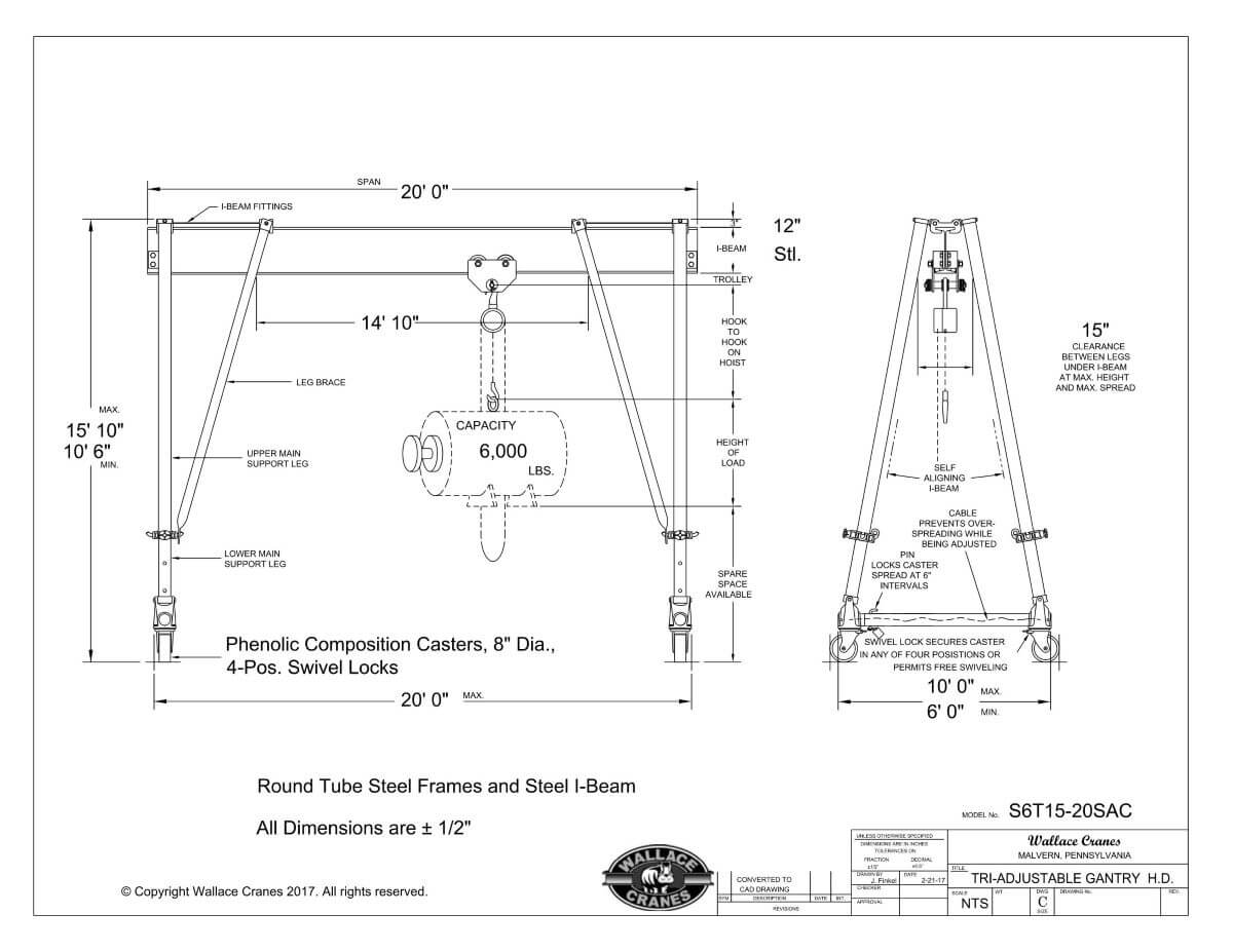 Wallace Tri-Adjustable Steel 3-Ton Gantry Crane, 20' Span, 10′6″–15′10″ High (S6T15-20SAC) Dimensional Drawing