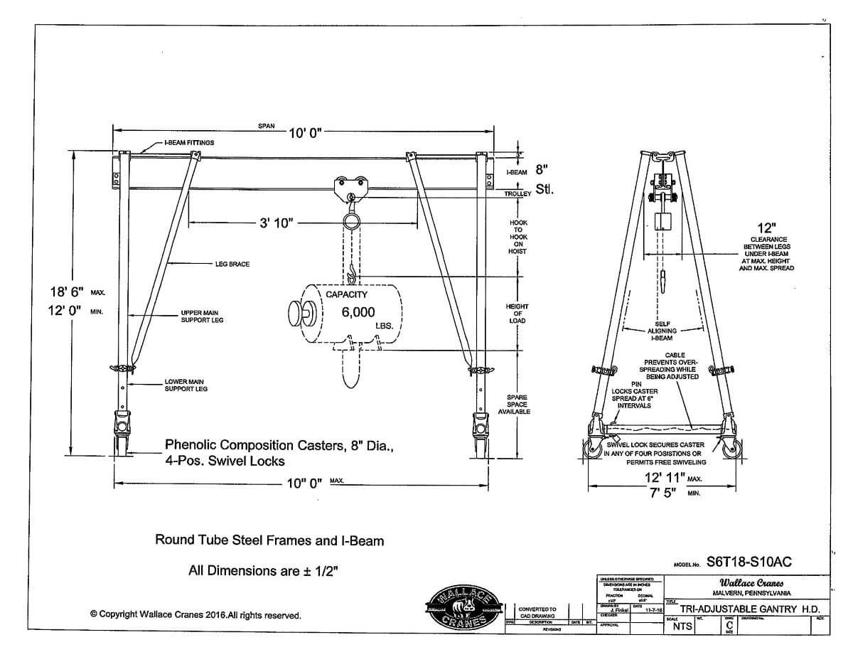Wallace Tri-Adjustable Steel 3-Ton Gantry Crane, 10' Span, 12′ 0″ – 18′ 6″ High (S6T18-S10AC) Dimensional Drawing